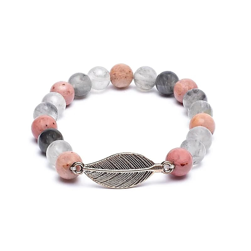 Armband aus Rhodonit und grauem Quarz + Feder