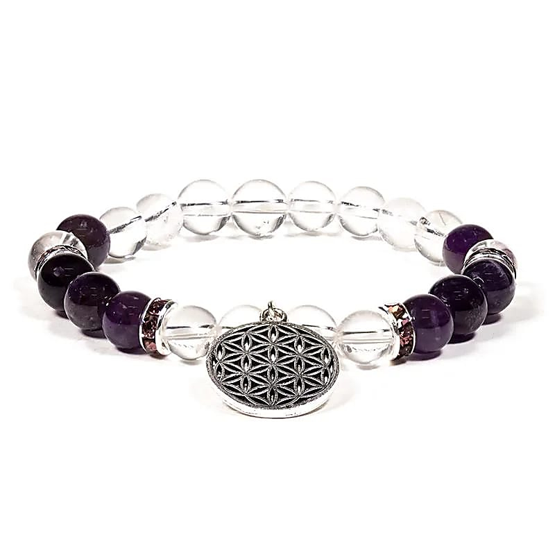 Armband - Klarer Quarz und Amethyst + Blume des Lebens