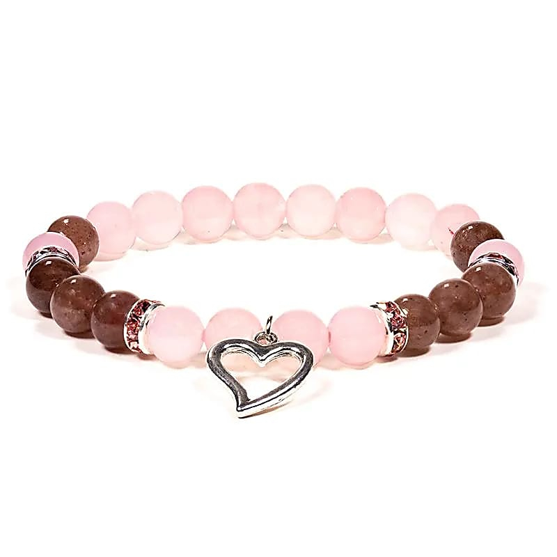 Armband Rosenquarz und Erdbeerquarz mit Herz, elastisch