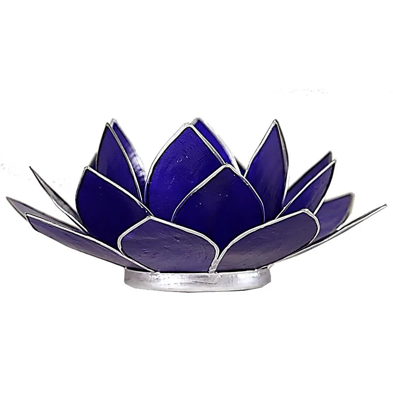 Lotus-Kerzenhalter aus Capiz-Muscheln - Chakra 6 (dunkelblau), silberner Rand