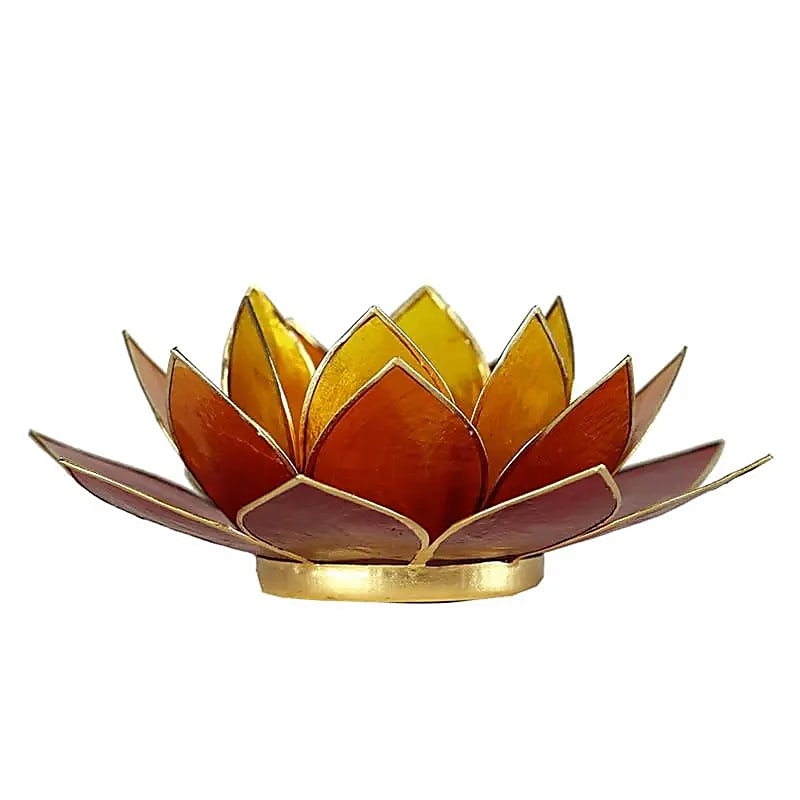 Lotus-Kerzenhalter aus Capiz-Muscheln - drei Farben (gelb-orange-rot), goldener Rand