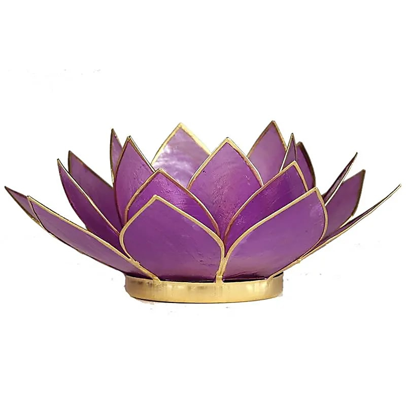 Lotus-Kerzenhalter aus Capiz-Muscheln - hellviolett, goldener Rand