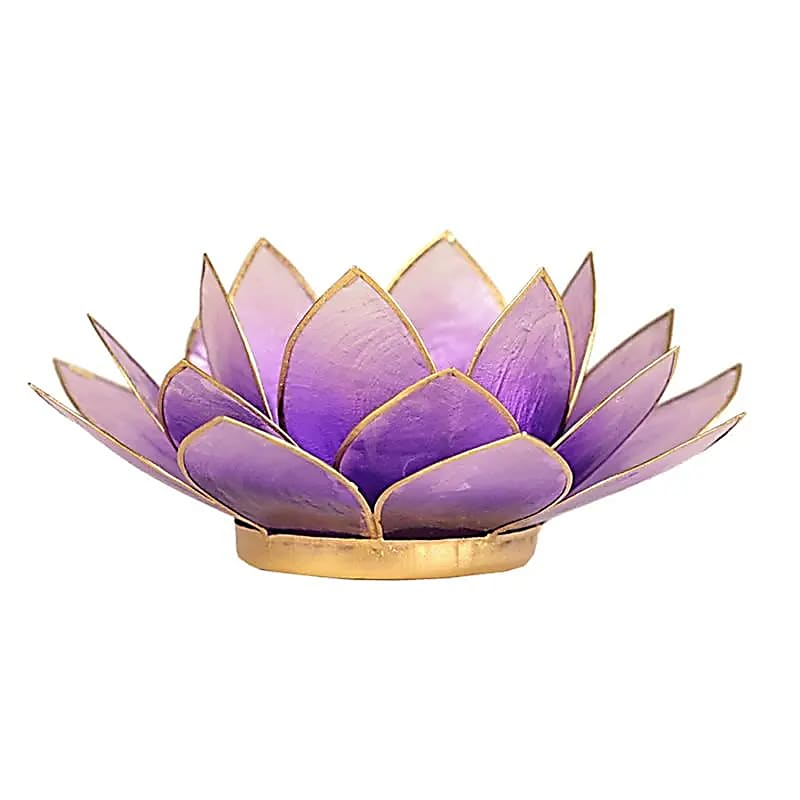 Lotus-Kerzenhalter aus Capiz-Muscheln - lila, goldener Rand