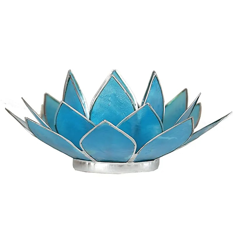Lotus-Teelichthalter aus Capiz-Muscheln - Chakra 5 (blau), silberner Rand