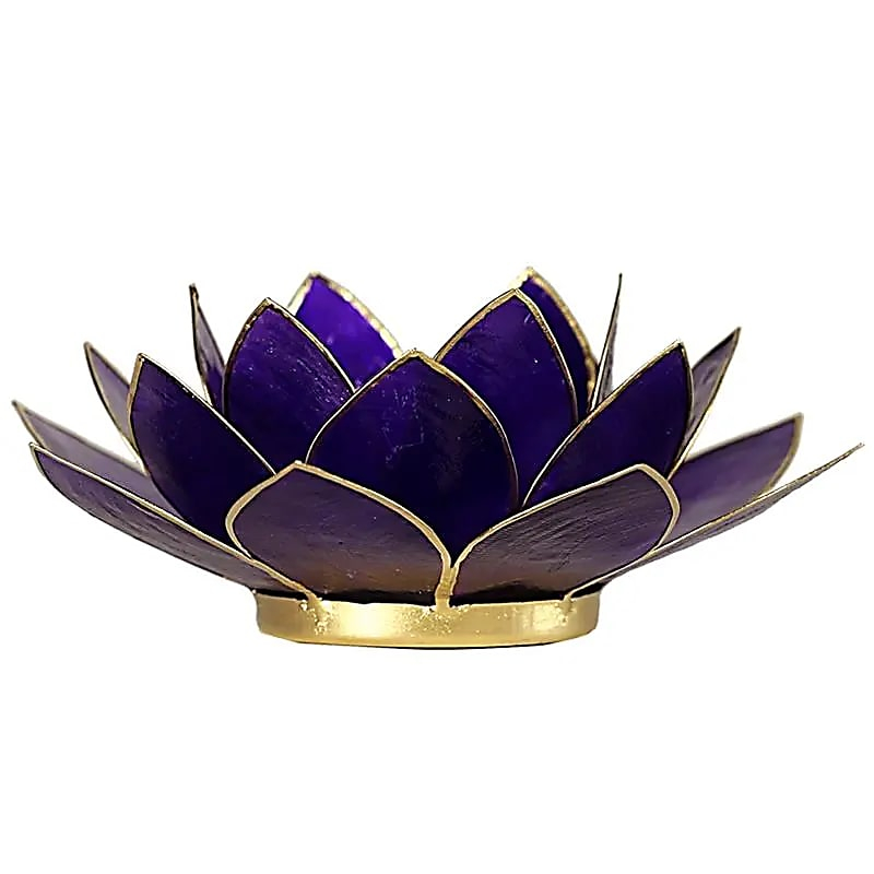 Lotus-Teelichthalter aus Capiz Muscheln - Chakra 7 (violett), goldener Rand