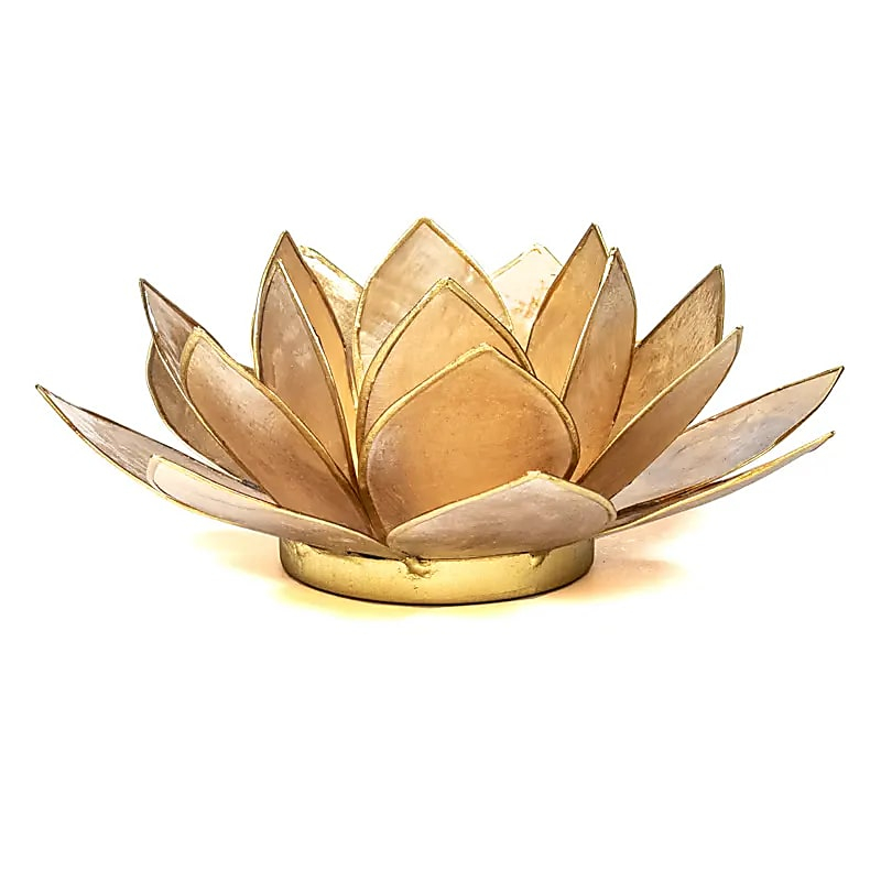 Lotus-Teelichthalter aus Capiz-Muscheln - rauchbeige, goldener Rand