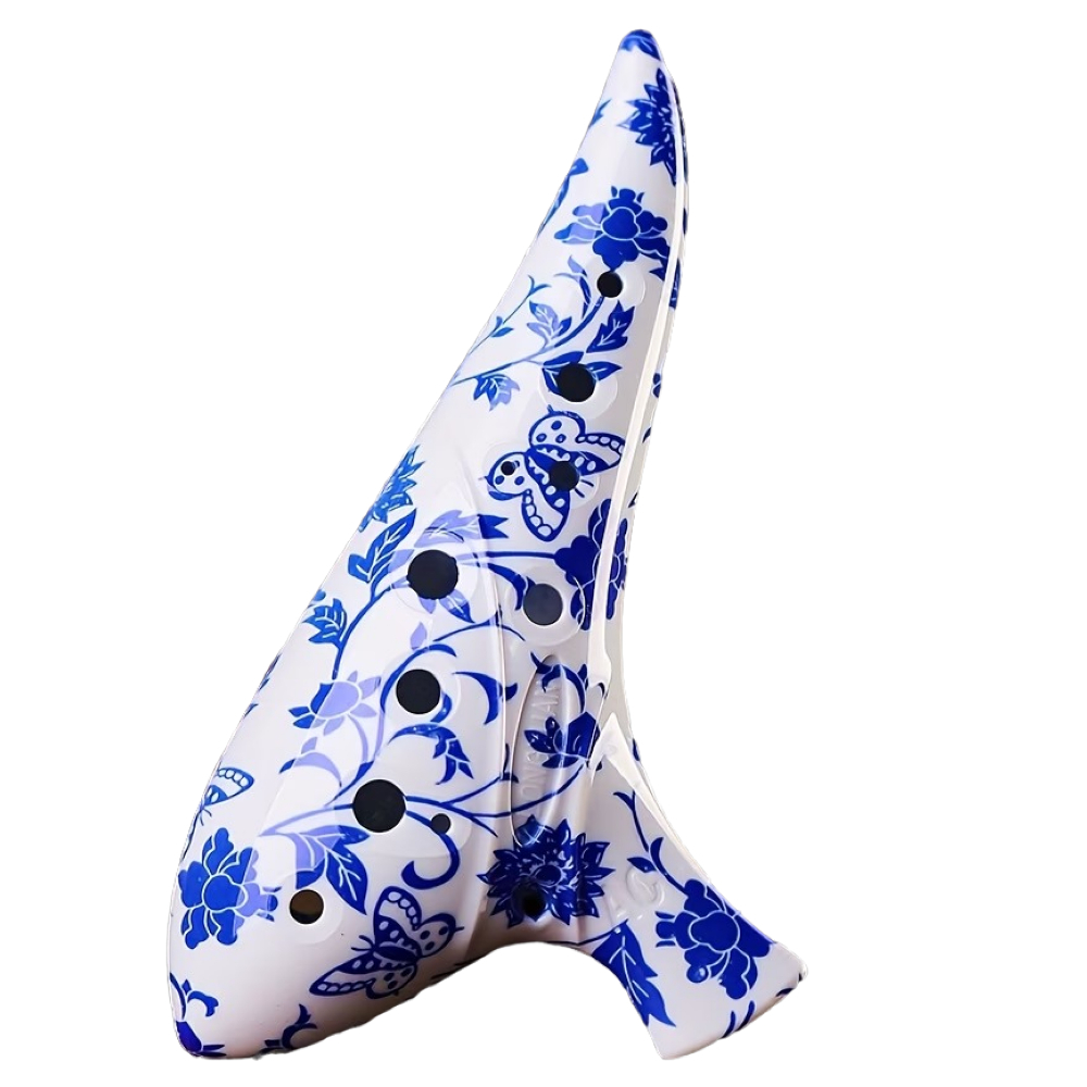 Plastische Ocarina mit 12 Löchern - Motiv blaue Blumen