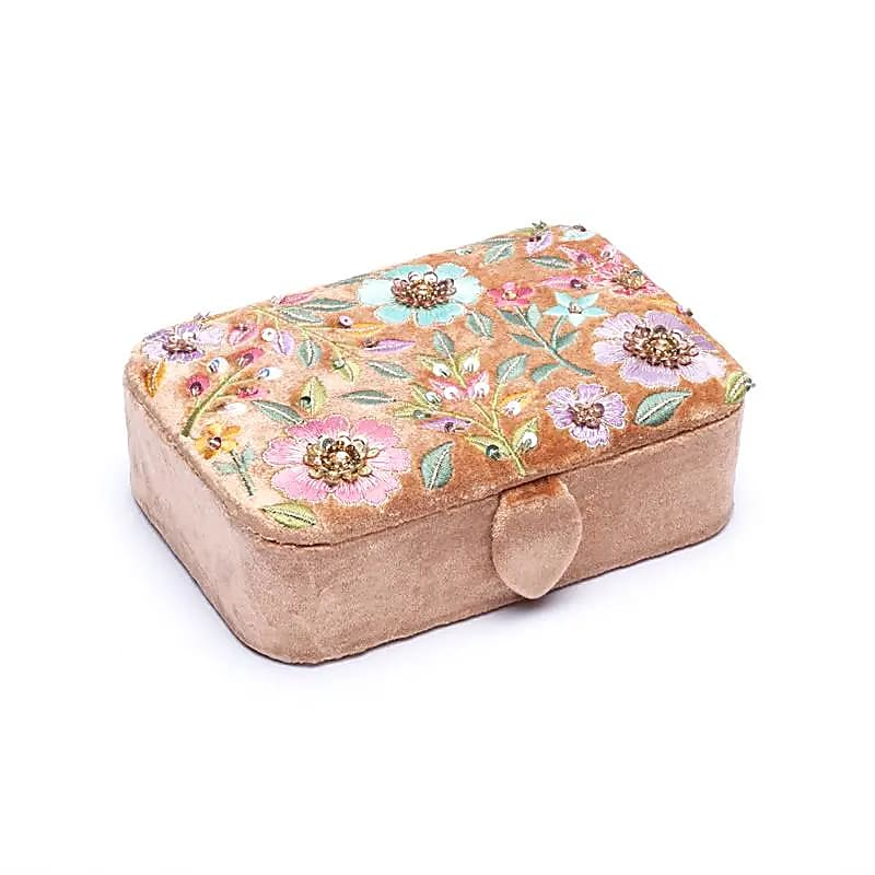 Samt-Schmuckkästchen / Tarot-Box - Beige mit Blumen