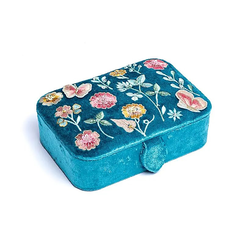 Samt Schmuckkasten / Tarot Box - blau mit Blumen