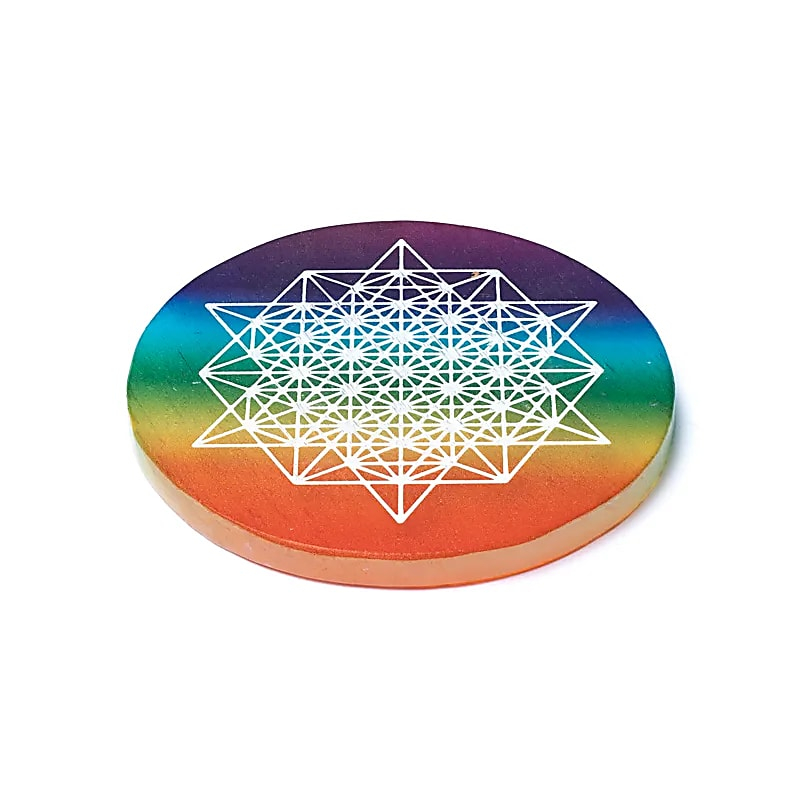 Selenit-Untersetzer - 64-spitziger Tetraeder (64-Stern Tetrahedron), 9 x 0,8 cm