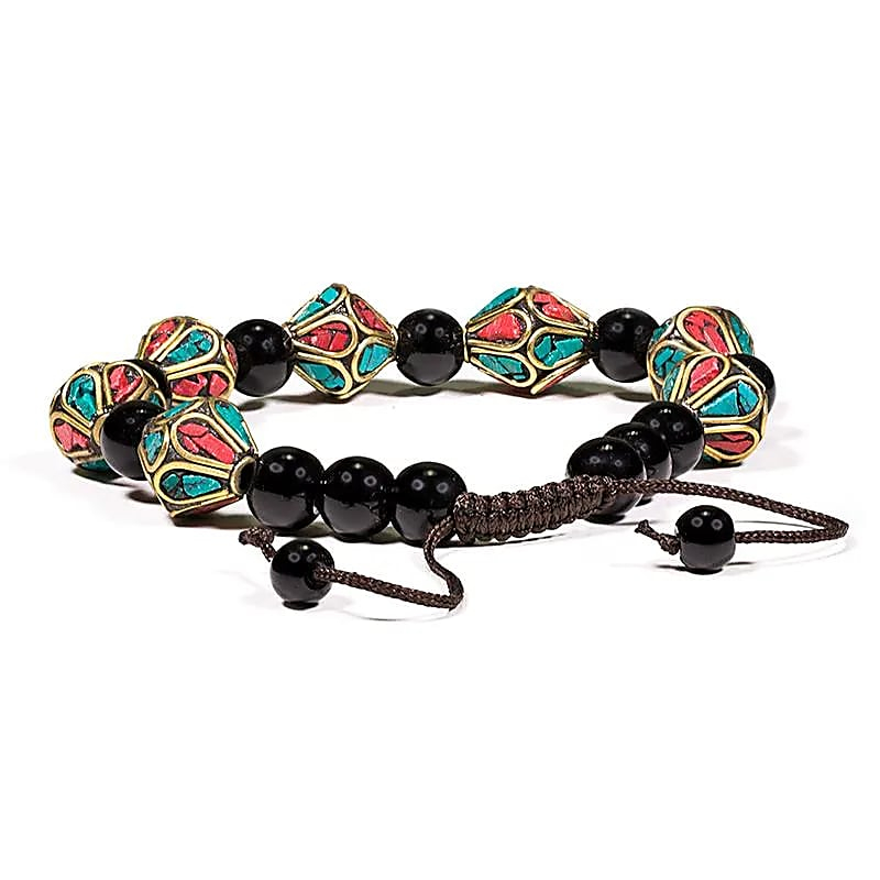 Verstellbares Armband aus Türkis, Koralle und schwarzem Achat